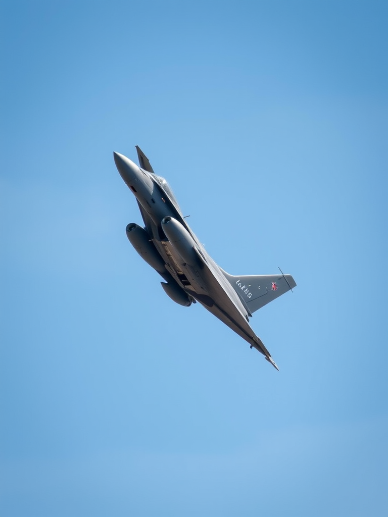 A military fighter jet flying at low altitude against a clear blue sky, captured with a Canon EOS R5, 85mm lens, f/8 aperture, 1/1000 sec shutter speed, ISO 100, in a high-resolution image style.