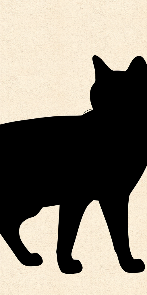 Generate a high-resolution image of a stylized black cat silhouette with a textured background, captured with a DSLR camera, 50mm lens, f/1.8 aperture, ISO 200, shot in portrait orientation and soft natural lighting.