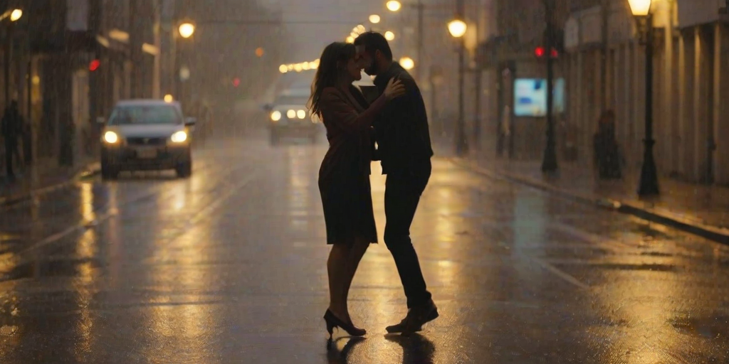Blurry candid shot of a couple dancing in the street under a light rain, soft golden light from nearby streetlamps casting long shadows, with distant cars and city buildings barely visible through the mist.