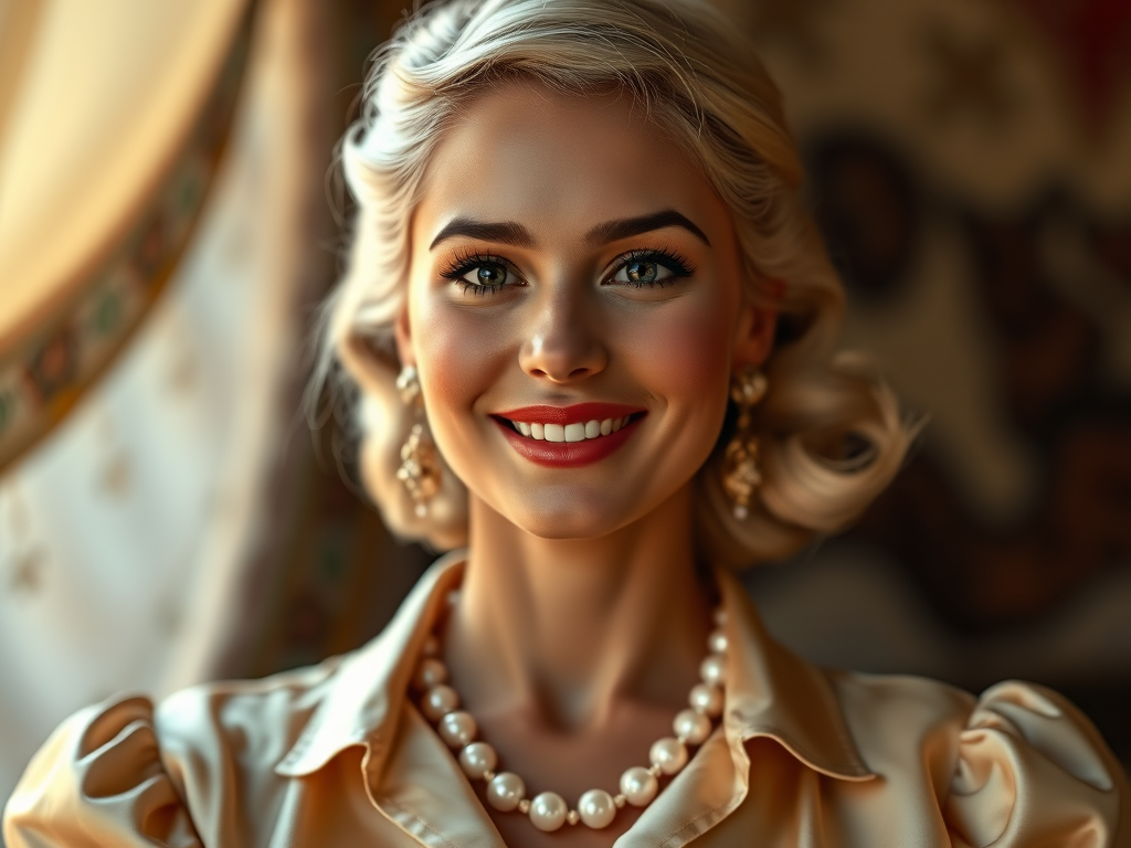 A beautiful Inca woman reminiscent of 1950s Hollywood glamour, with perfectly styled blonde hair and a seductive smile, dressed in a satin blouse and adorned with pearls, soft and warm tones, photorealistic, 8K