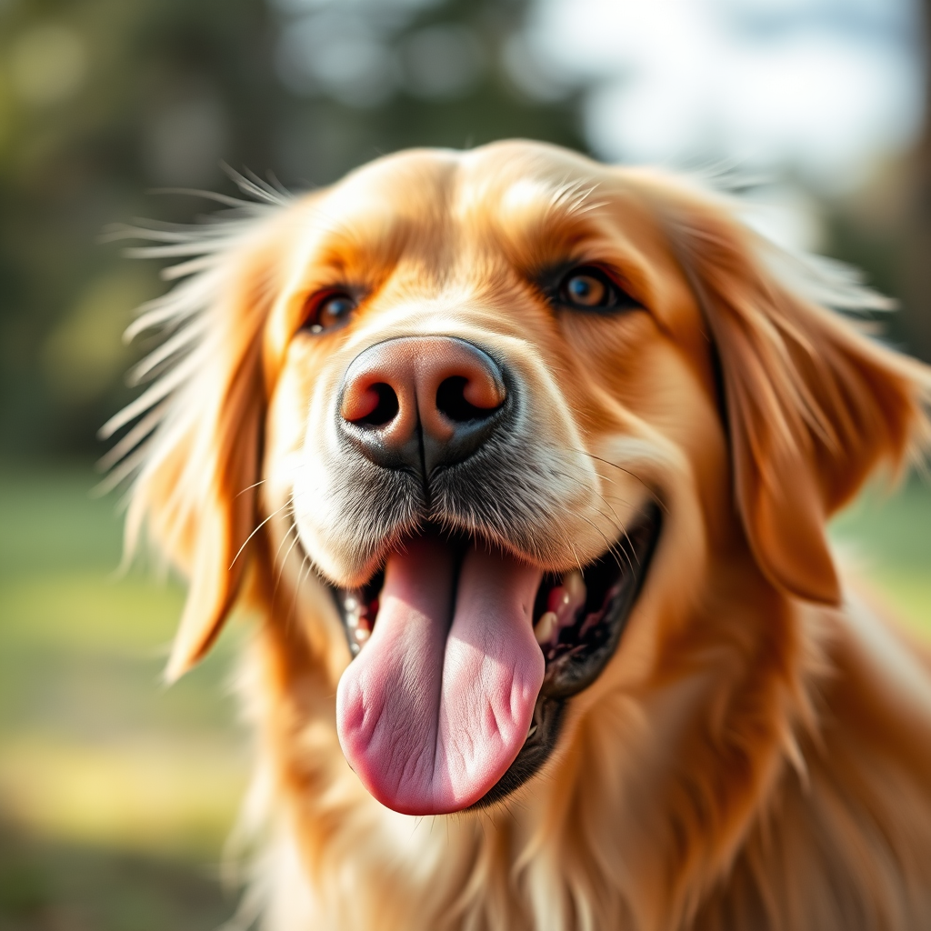 Close-up of a happy golden retriever with its tongue out, soft focus background, natural light, 50mm lens, f/1.8 aperture, ISO 200, shutter speed 1/250s, DSLR camera.