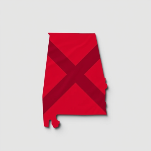 Create a high-resolution illustration of the state of Alabama featuring its flag design with a diagonal cross, using a 50mm lens, f/8 aperture, ISO 100, in a flat lay style, shot with a DSLR camera.
