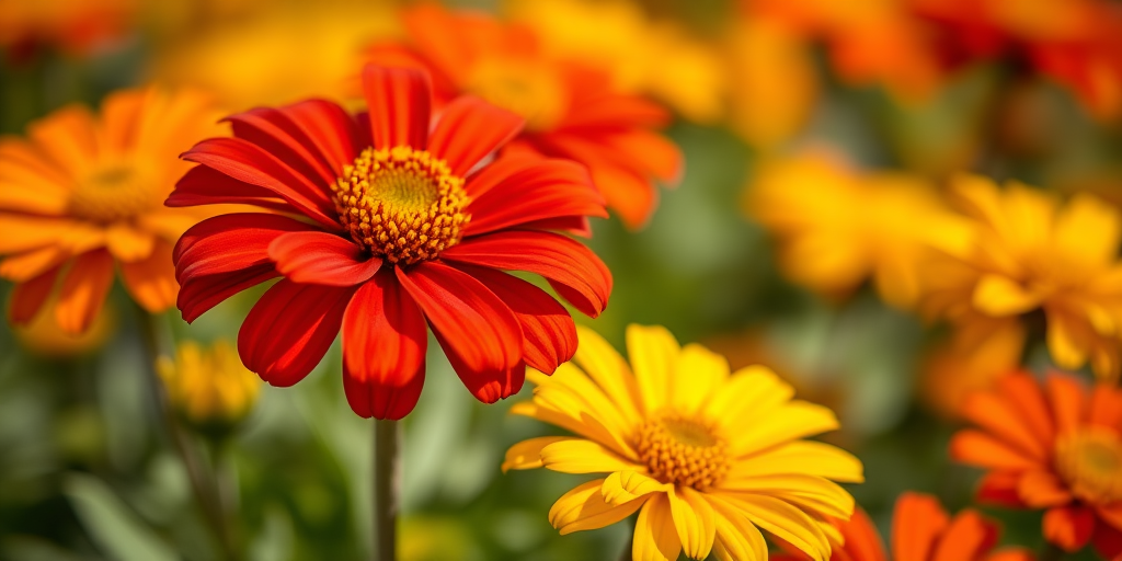Capture a vibrant close-up of red and yellow flowers with a shallow depth of field, using a Canon EOS R5 with an 85mm f/1.2 lens, aperture set to f/1.8, ISO 100, and a shutter speed of 1/200s, in natural soft lighting for enhanced colors and details.