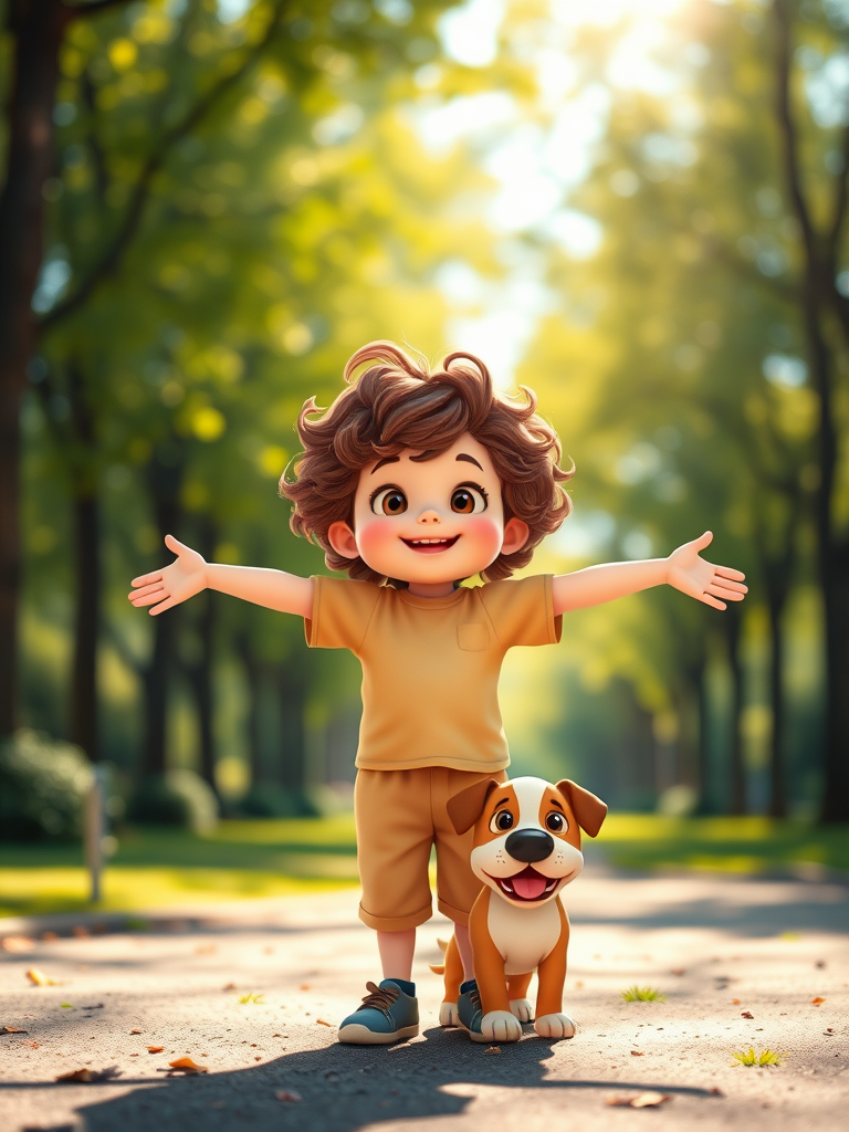 cartoon style image of a child with curly hair standing with arms outstretched and a dog beside him in a vibrant park setting, soft sunlight filtering through trees, depth of field effect, shot with a DSLR camera at f/2.8, 50mm lens, aperture priority mode, slight upward angle for dynamic perspective, high saturation for vivid colors
