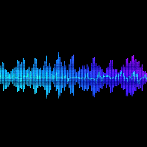 Create a high-contrast digital audio waveform visualization with dynamic blue and purple colors against a black background, using a wide-angle lens perspective, shot with a DSLR camera at f/8 aperture, ISO 100, and a shutter speed of 1/60 seconds to enhance clarity and depth.