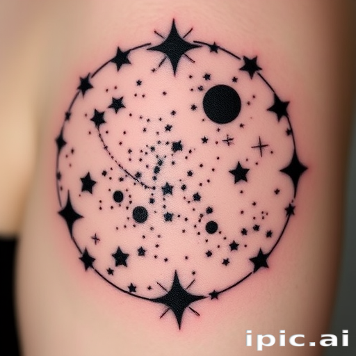 Negative space tattoo titled "Celestial Silhouette" using clever placement of solid black ink to reveal intricate star constellations and cosmic imagery within the untouched skin