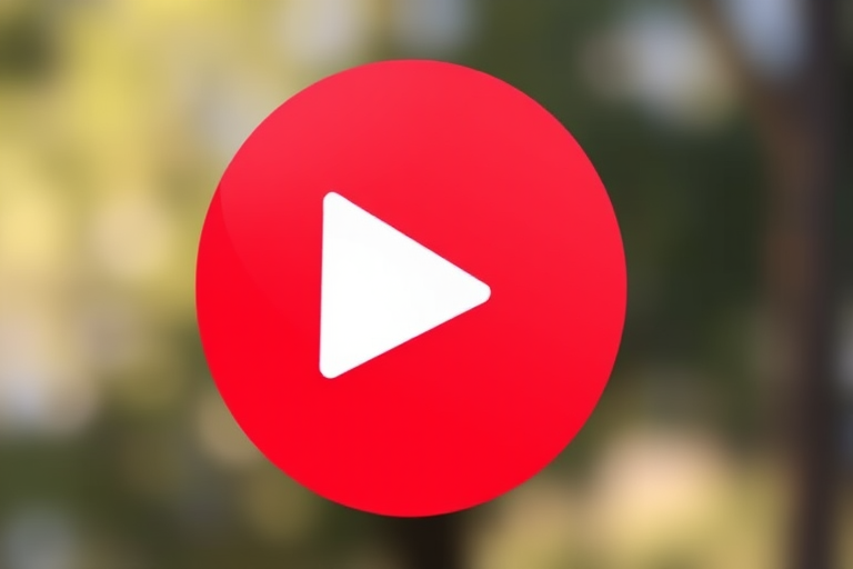 Create a high-resolution image of a red circular logo featuring a white play button in the center, captured with a DSLR camera using a 50mm lens, f-stop at 2.8, ISO 100, with a slight bokeh background for depth, in natural lighting.
