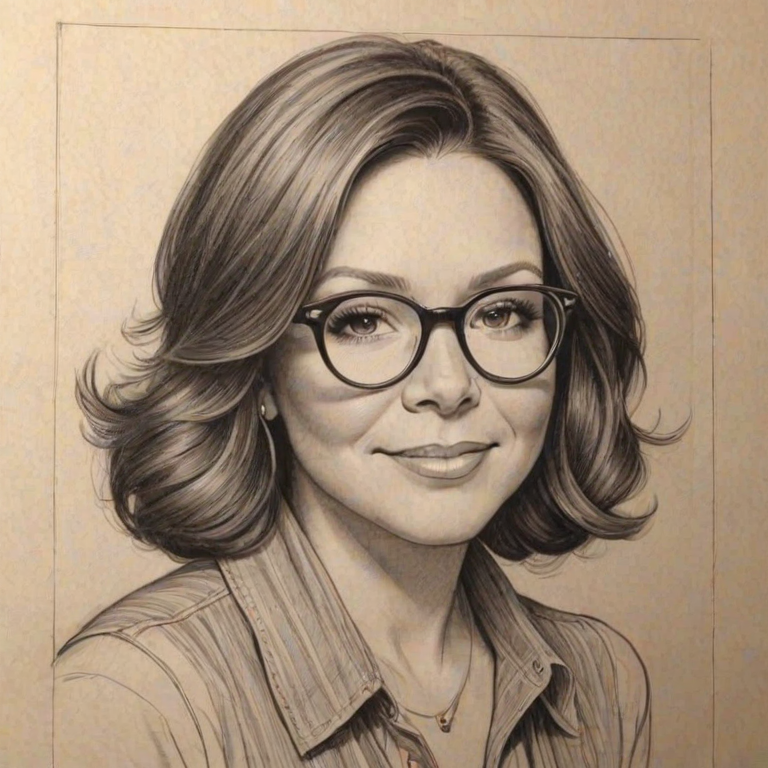 Lovely Rachael Ray, pencil sketch, portrait of Lovely woman 1929s in glasses, hair style beatnik, outline, clear lines, fine lines, 8k