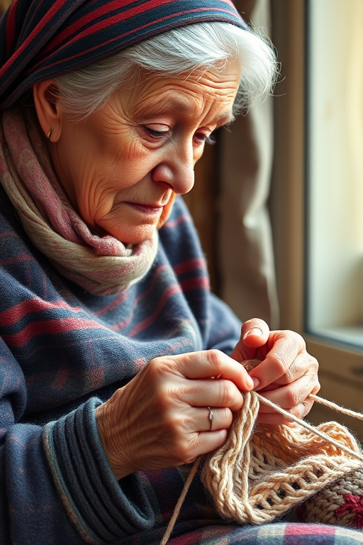 A detailed illustration of an elderly woman knitting, with intricate colors and textures, captured using a DSLR camera with a 50mm lens at f/1.8, shot from a three-quarter view, with soft natural lighting to enhance depth and clarity.
