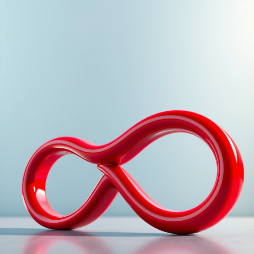 Create a high-resolution 3D rendering of a glossy red infinity symbol with a smooth surface, captured from a low-angle viewpoint using a DSLR camera with a 50mm lens, aperture set to f/2.8, ISO 100, and natural lighting to enhance reflections and details.