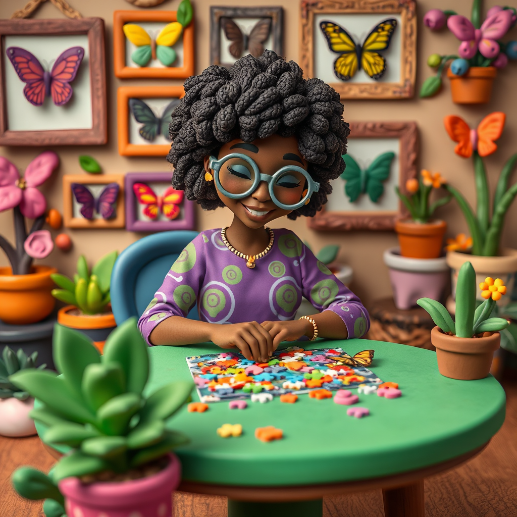 A vibrant and whimsical illustration of an african american woman sitting at a table working on a colorful jigsaw puzzle. she is wearing round glasses, and patterned clothing in shades of purple and green.  The background features an eclectic collection of framed butterflies, potted plants, and other natural elements, creating a warm and inviting atmosphere. The style is playful and modern, with rich textures, intricate details, and a lively color palette.