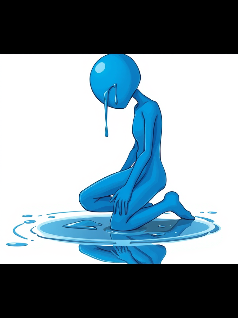 Create an illustration of a blue, drippy humanoid figure kneeling in a puddle, with a minimalistic background, shot with a DSLR camera at f/2.8 aperture, ISO 100, 50mm lens, natural lighting, and high dynamic range for enhanced image quality.