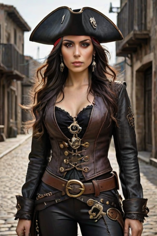 Create a portrait of a fierce female pirate. She wears a leather tricorn hat adorned with a skull and crossbones emblem, and her long, dark hair flows around her face. Her outfit consists of a richly detailed leather jacket, a corset, and multiple layers of belts and accessories, giving her a formidable and stylish appearance. She stands confidently in a dimly lit, historic port town, with a backdrop of weathered buildings and cobblestone streets, capturing the adventurous spirit of a pirate.