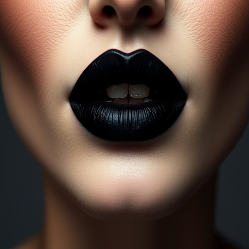 Enigmatic woman lips painted in a matte black lipstick, edgy and dramatic, sharply contoured, making a bold fashion statement