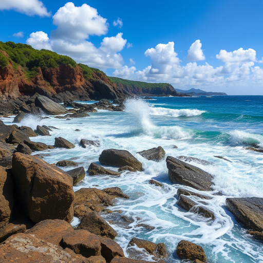 Capture a vibrant coastal scene with crashing waves on rocky shores, under a bright blue sky with fluffy clouds, using a DSLR camera at ISO 100, f/11 aperture, 1/200 sec shutter speed, shot from a low angle with a wide-angle lens to enhance depth and clarity.