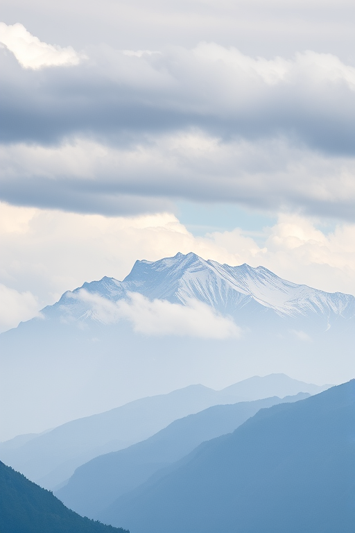 Create a high-resolution image of a misty mountain range with snow-capped peaks under a cloudy sky, using a DSLR camera with a 24mm lens at f/8, ISO 200, and a shutter speed of 1/125s, in landscape orientation with a soft focus background for enhanced depth.