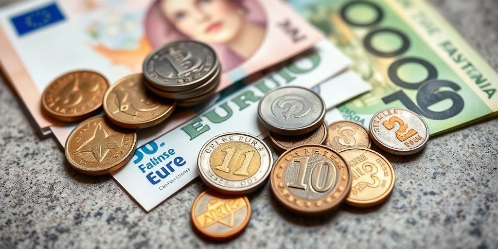 Detailed close-up shot of assorted euro banknotes and coins on a textured surface, with a shallow depth of field, captured with a DSLR camera at f/2.8 aperture, ISO 200, 50mm lens, illuminated with soft natural light to enhance color vibrancy and detail.
