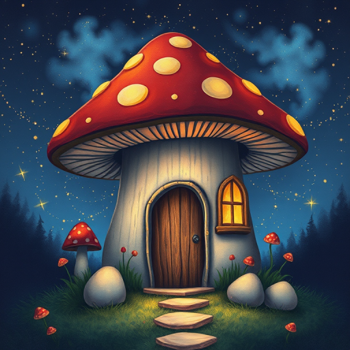 imagine illustration of a mushroom house with a door and a window, a storybook , fantasy art, mushroom house, bg starry sky, sparkles