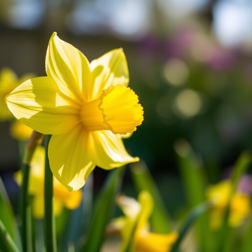 close-up of a yellow daffodil in a soft-focus garden background, f/2.8 aperture, 50mm lens, natural lighting, DSLR camera, shallow depth of field, vibrant colors