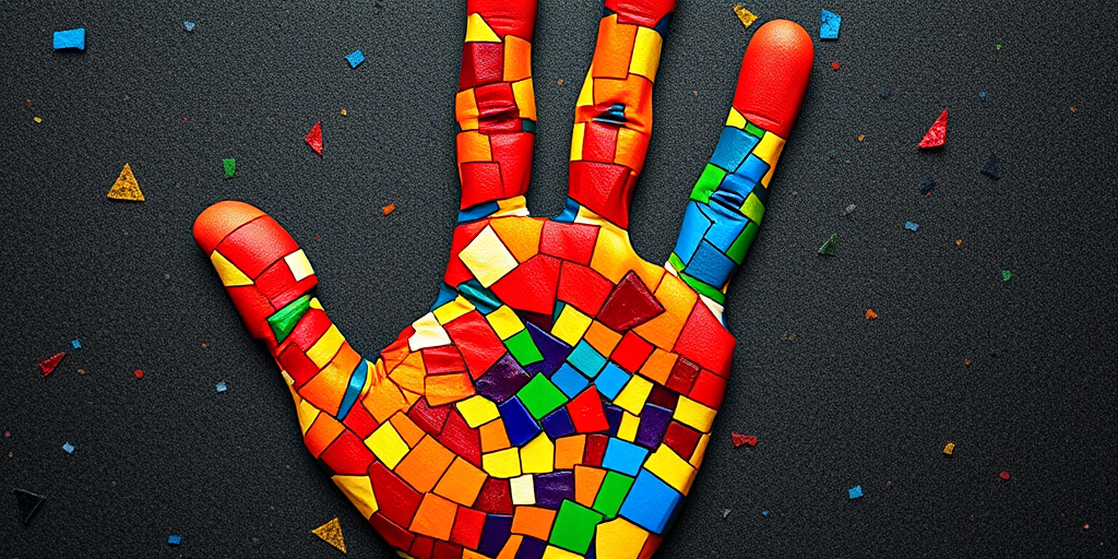 Generate a vibrant, colorful handprint design with a mosaic texture, shot from a top-down view using a DSLR camera, aperture set to f/4, ISO 100, and 50mm lens to enhance detail and clarity.