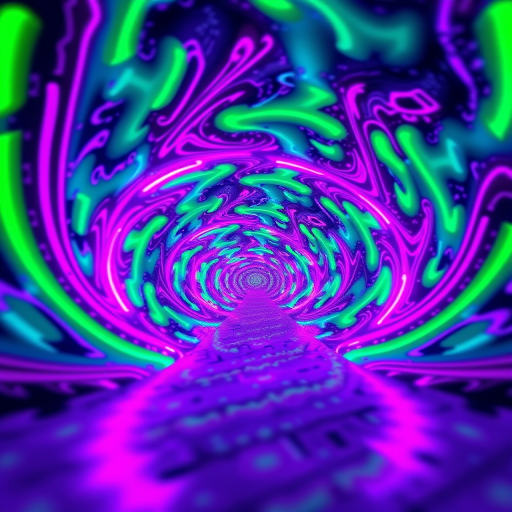 generate a vibrant 3D fractal tunnel with bright neon colors including greens, purples, and pinks, using a Canon EOS R5 with a 24mm f/1.4 lens, aperture set to f/8, shutter speed 1/60 sec, ISO 100, from a low angle perspective, ultra-wide angle, high dynamic range imaging to enhance depth and clarity