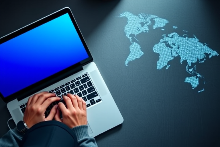 A high-resolution image of a person typing on a laptop with a blue gradient screen on the left side, accompanied by a world map in a dotted style on the right, shot with a Canon EOS R5 at f/2.8, 1/250s, ISO 100 from a top-down camera view for enhanced clarity and focus.