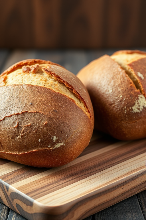 A close-up shot of two rustic loaves of bread on a wooden cutting board with a slightly blurred wooden background, taken with a DSLR camera at f/2.8 aperture, ISO 100, 50mm lens, natural light, capturing rich textures and warm tones.