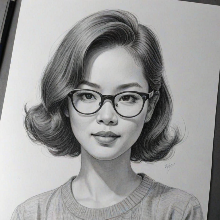 Delightful Cathy Ang, pencil sketch, portrait of Fascinating woman 1948s in glasses, hair style beatnik, outline, clear lines, fine lines, 8k
