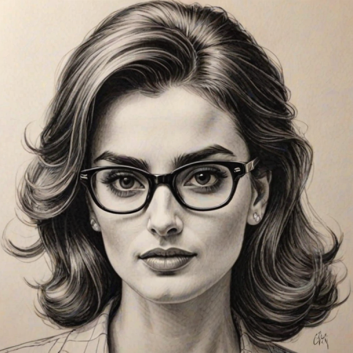 Dazzling Pen'lope Cruz, pencil sketch, portrait of Resplendent woman 1952s in glasses, hair style beatnik, outline, clear lines, fine lines, 8k