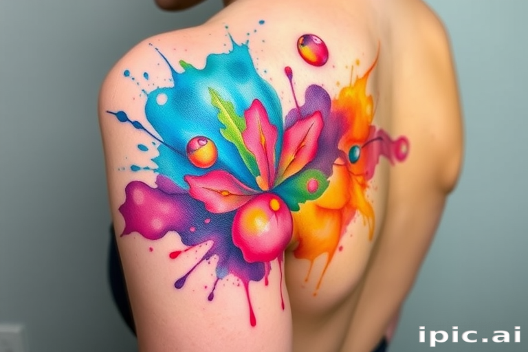 Vibrant watercolor tattoo named "Spectrum Splash" featuring a kaleidoscope of vivid hues blending seamlessly across the skin creating an abstract masterpiece with fluid brushstrokes and ethereal gradients