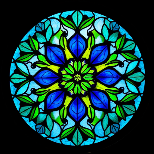 regenerate a round stained glass design featuring a symmetrical pattern of hearts and leaves in vibrant shades of blue and green, captured with a Canon EOS R5, 50mm lens, f/1.8 aperture, 1/125s shutter speed, soft focus style, enhanced with natural lighting and high saturation settings