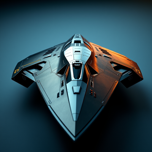 futuristic stealth spaceship design with sharp angles and a sleek surface, dramatic lighting with shadows, 35mm lens, f/2.8 aperture, ISO 100, shot from a low angle to emphasize the ship's scale, high dynamic range for enhanced detail and color saturation, 3D render style