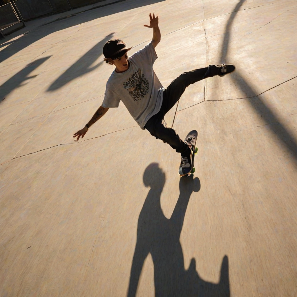 Blurry action shot of a skateboarder performing a trick in an urban skate park, soft glow from overhead streetlights casting long shadows on the concrete, with distant graffiti-covered walls.