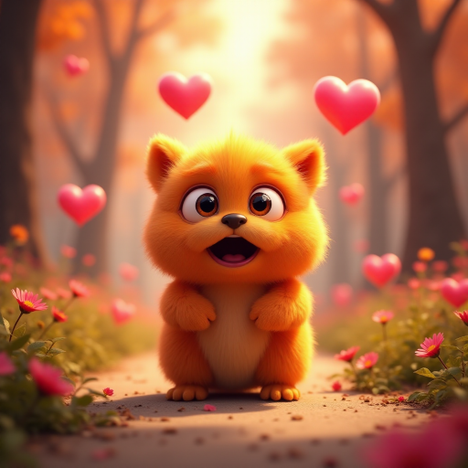 A fluffy orange creature with large eyes and a wide open mouth stands on a path in a whimsical forest, bright pink and red hearts float through the air, the creature has a surprised expression, the light is warm and soft, photorealistic, digital art, 3D style