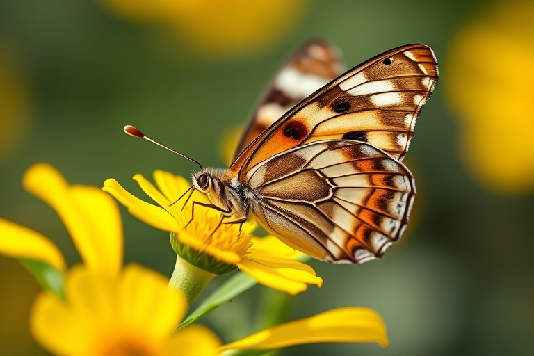 Capture a close-up of a butterfly perched on a vibrant yellow flower with a shallow depth of field, using a DSLR camera at f/2.8, ISO 100, shutter speed 1/200 sec, in natural light with a macro lens, focusing on the intricate patterns of the butterfly's wings and the details of the flower.