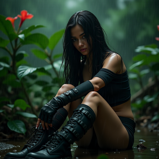 A highly detailed photograph of a woman with long black hair, sitting in the rain beneath lush green foliage. She wears a black off-the-shoulder top, fingerless gloves, and combat boots, giving her a rugged, militaristic look. Her left arm is bandaged, hinting at a recent struggle. The jungle background is vibrant, with large green leaves and red flowers contrasting against the rainy, dark sky. Fine rain droplets add realism and atmosphere to the scene.