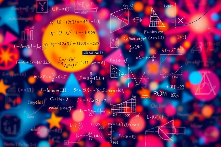 Create an abstract background featuring mathematical equations, graphs, and geometric shapes, shot with a Canon EOS R5, 35mm lens, aperture f/1.8, ISO 100, in a high dynamic range style for vibrant colors and clarity.