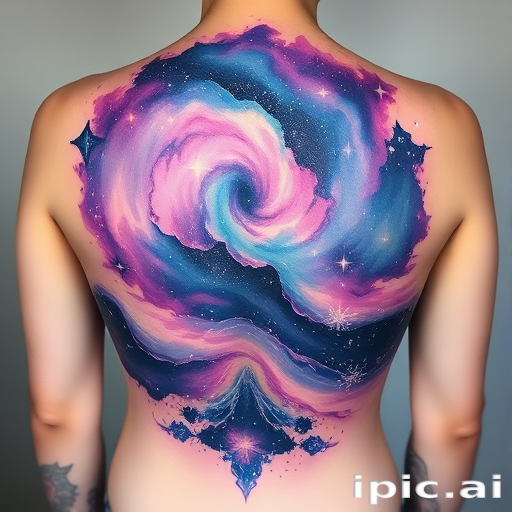 Dreamy watercolor galaxy tattoo with swirling nebulas and twinkling stars, blending vibrant purples and blues seamlessly into the skin, covering the entire back in a cosmic masterpiece