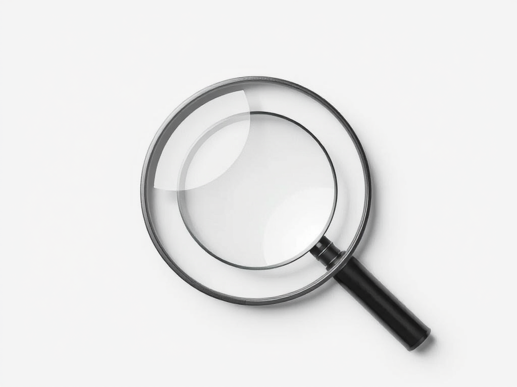 create a high-resolution icon of a magnifying glass symbol on a white background, shot with a Canon EOS R5 at f/8, ISO 100, 1/200s, in a top-down view, with a clean and modern graphic style.