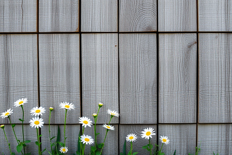 Create an image of a weathered wooden plank wall with subtle green tones and white daisies softly blending into the wood grain, captured with a Canon EOS R5, 50mm lens, f/1.8 aperture, ISO 100, and a slight vignette effect for depth.