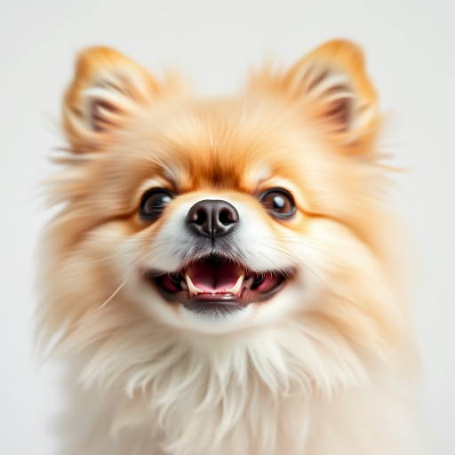 Captivating close-up portrait of a fluffy Pomeranian dog with a cheerful expression, taken with a DSLR camera, 85mm lens, f/1.8 aperture, ISO 100, natural soft lighting, white seamless background for enhanced contrast and clarity.