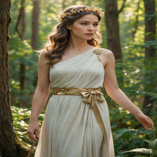 Create a portrait of a goddess-like female figure in a tranquil, forested environment. She has an elegant appearance with long, wavy hair styled in an updo and adorned with a delicate, floral headband. She wears a flowing, ancient Greek-inspired gown in a soft, pale color, featuring a one-shoulder design and draped fabric that accentuates her graceful form. The outfit includes a decorative belt with ornate gold detailing, and she holds a bow in her hand, with a quiver of arrows slung over her shoulder. The background depicts lush greenery, with sunlight filtering through the trees, casting a gentle, ethereal light on the scene. Her expression is calm and contemplative, embodying a sense of wisdom and serenity.