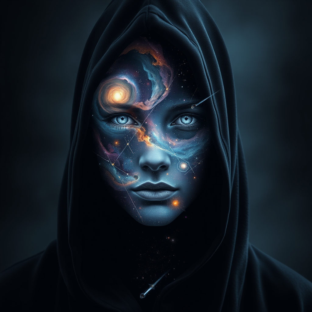 A mysterious hooded figure stands silently, the dark cloak flowing around them like shadows. Beneath the hood, their face is a mesmerizing cosmic scene where swirling galaxies, radiant stars, and vibrant planets form the features. Nebulas drift where eyes should be, glowing softly, while delicate streaks of cosmic energy trace the outlines of a nose and lips. Comets streak across the vastness of their face, and faint constellations pulse with life. The entire visage shifts and evolves as if the universe itself is contained within the figure, giving an ethereal, otherworldly presence to their form.