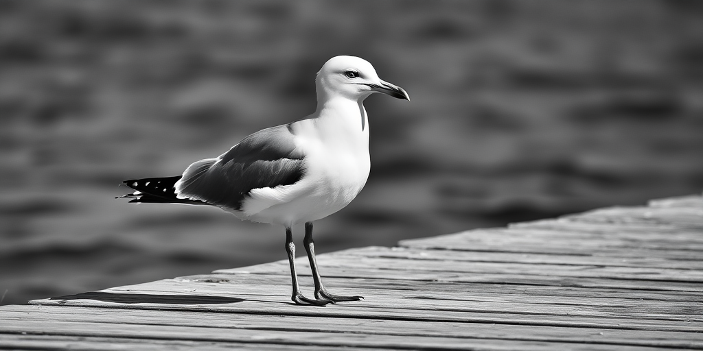 Capture a close-up of a seagull standing on one leg on a pier, using a DSLR camera with a 50mm lens, aperture f/2.8, shutter speed 1/500s, ISO 200, in black and white to emphasize textures and contrast.