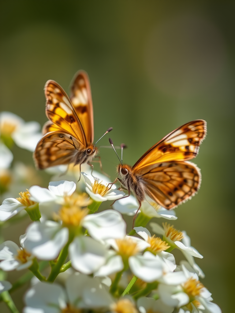 butterflies on white flowers, macro photography, f/2.8 aperture, 1/200 sec shutter speed, ISO 100, natural lighting, 50mm lens, shallow depth of field, close-up view