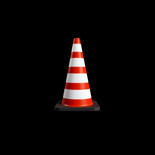 Generate a high-resolution image of a traffic cone with three white stripes, using a DSLR camera, aperture f/8, ISO 100, 50mm lens, shot from a low angle with soft studio lighting against a plain black background.