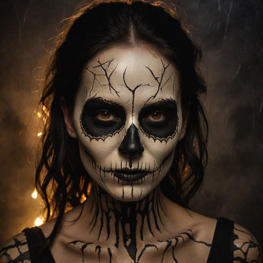 Create image featuring a close-up of a face painted like a skull. The skin is predominantly white with textured, cracked paint. The eye sockets are painted black, blending into the natural shadows of the eyes, creating a deep, hollow look. Bright, intense golden-yellow lights radiate from the eyes, casting a warm glow that contrasts with the cold, esoteric background. The nose is painted black in the shape of a spade. The mouth area features black lines extending from the corners, resembling a stitched effect. The face has sporadic black hair strands that frame it dramatically, adding to the eerie yet captivating feel. The background is blurred and dark, enhancing the focus on the face. Small, glowing orange embers are scattered sporadically across the image, contributing to the mysterious and magical atmosphere. The overall style is hyper-realistic with an emphasis on the contrast between light and dark elements, giving it an almost supernatural