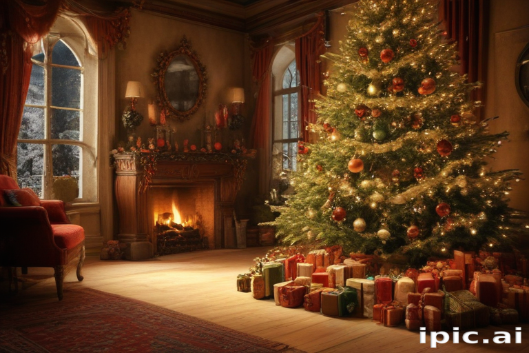 Cozy Christmas Scene Featuring a Beautifully Decorated Tree and Gifts