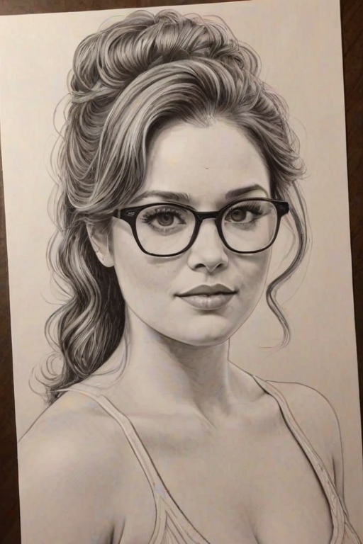 Ravishing Kether Donohue, pencil sketch, portrait of Captivating woman 1971s in glasses, hair style beatnik, outline, clear lines, fine lines, 8k
