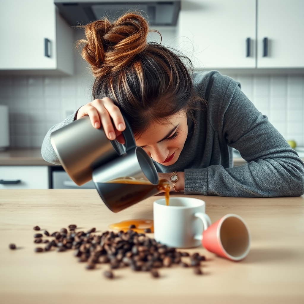 A portrait capturing a humorous and relatable scene of morning exhaustion. A woman with a messy bun, is slumped over a kitchen table, head resting on the surface in apparent fatigue. Despite their exhaustion, they are attempting to pour coffee from a pot, but instead of pouring the coffee into the mug she is pouring it onto the kitchen table. The kitchen setting is minimal, with simple countertops and a tiled backsplash in the background. Scattered coffee beans and an empty cup add to the sense of early morning chaos. The overall mood is lighthearted, portraying the struggle of waking up and the desperate need for coffee in a comedic yet relatable way.